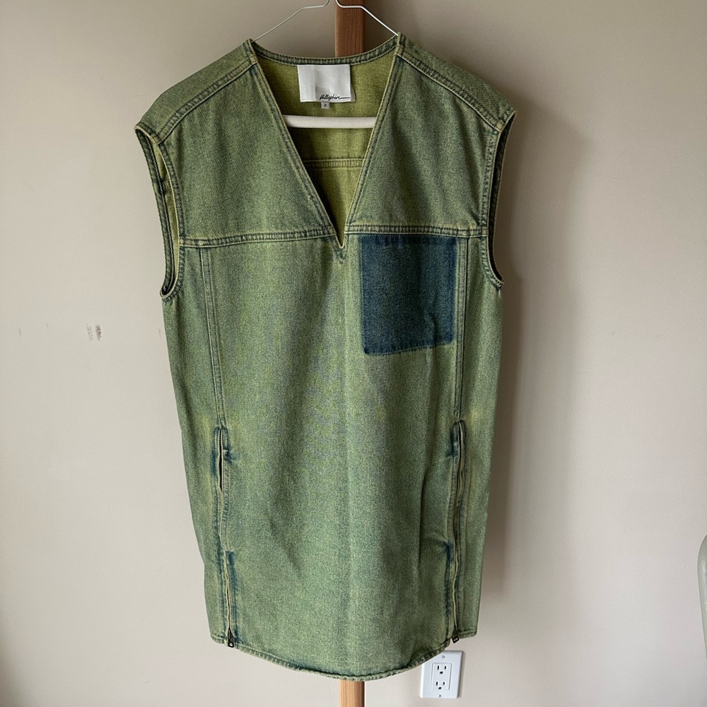 Phillip Lim, sleeveless V-neck, cotton & denim, green and blue dress.  Stylish!